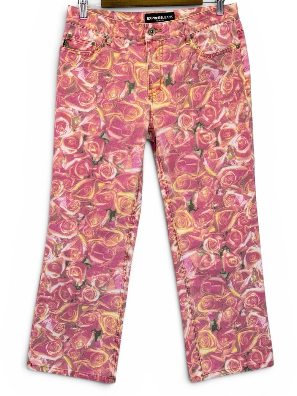 Express Jeans Women Stretch Pink Rose All Over Print Straight Leg Pants Size 7/8
